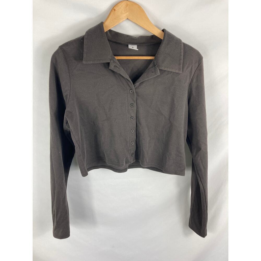 Abound Cropped Collared Button Up Long Sleeve Cardigan Brown Size Large
